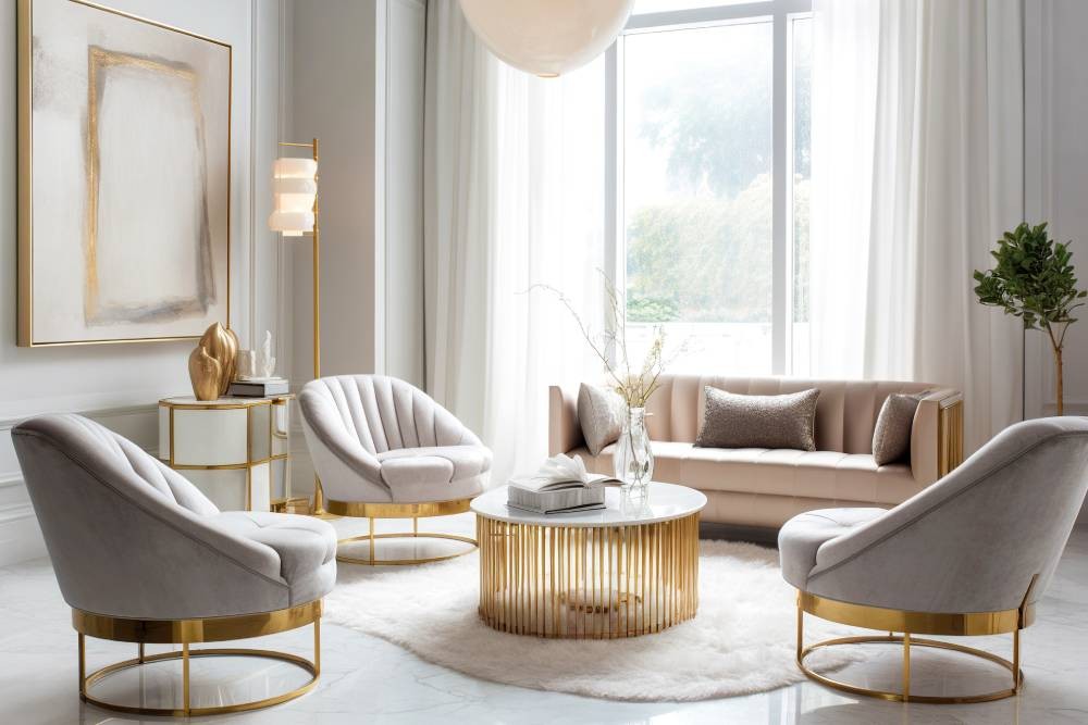 Off-white chairs, sofa, and table in a living room near Richardson, Texas (TX)